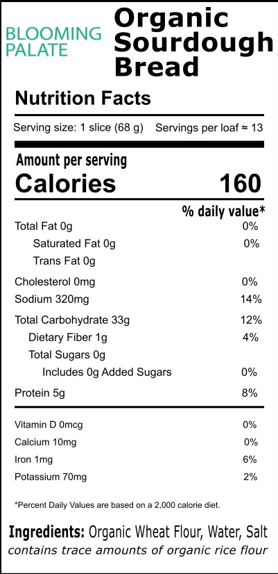 nutritional label for Blooming Palate's Organic Sourdough Bread